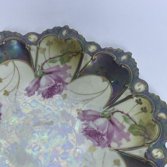 Vintage Hand-Painted Floral Porcelain Plate Pink Roses Scalloped Edge Iridescent - Picture 10 of 13